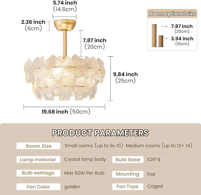 Fandelier Ceiling Fan with Light 20” Gold Flower Chandelier Ceiling Fan with Lihgts Remote Control Modern Crystal for Girl's Bedroom,Nursery,Living Room