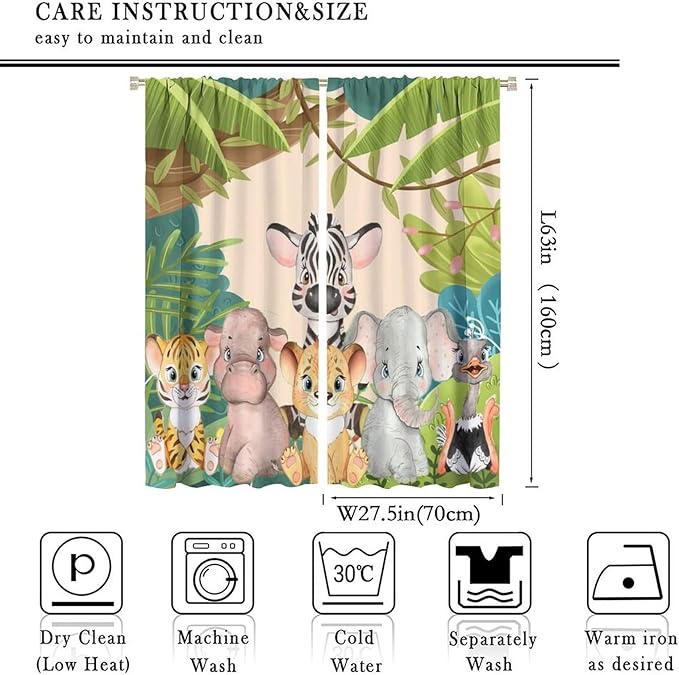 Animals Curtains Colorful Forest Cartoon Cute Zebra Tiger Elephant for Kids Boys Girls Nursery Bedroom Living Room Blackout Rod Pocket Decoration Window Drapes 2 Panels W27.5xL63in