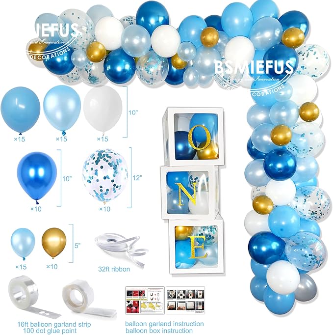 Baby Boy 1st Birthday Decorations, 1st Birthday Boy Decorations, Baby First Bday Party Supplies, Balloon Boxes, Backdrop, High Chair Banner, Crown, Photo Banner, Balloon Garland for One Year Old
