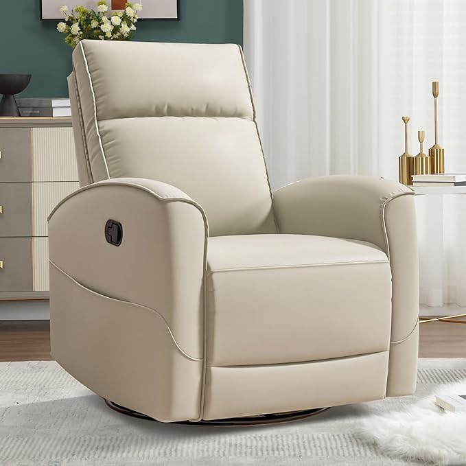 Swivel Rocker Recliner Chair, Manual Faux Leather Glider Rocking Recliners for Adults, 360° Swivel Nursery Reclining Sofa with Storage Pocket