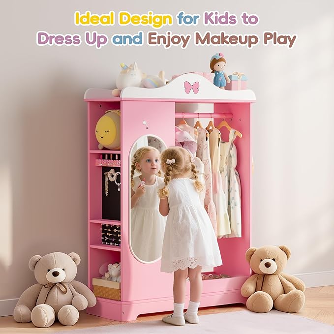 Kids Armoire with Jewelry Cabinet, Kids Dress Up Storage wth Shelves, Girls Wardrode Costume Organizer with Mirror, Children Closet with Armoire for Bedroom, Kid Room, Girls (Pink)