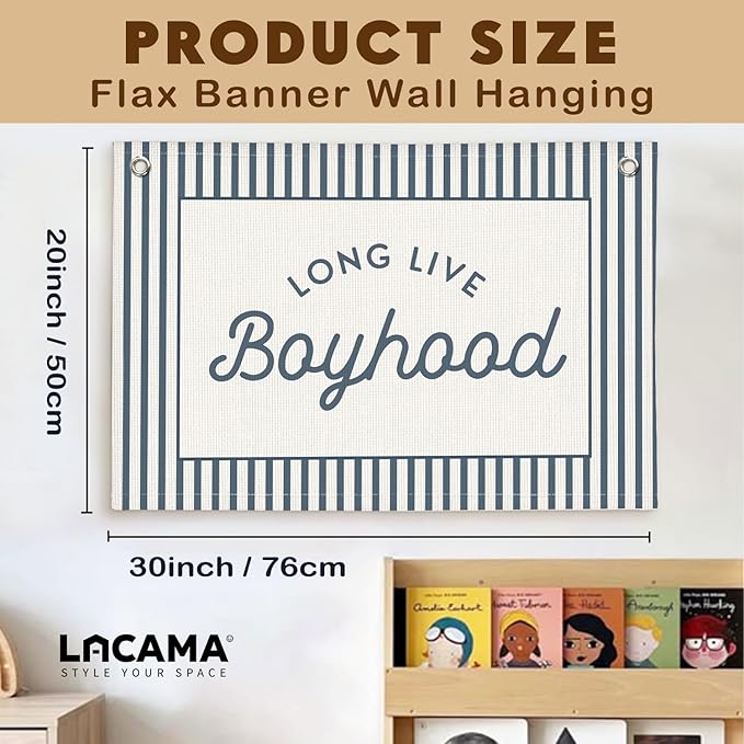 Lacama Vintage Blue Long Live Boyhood Boys Room Decor, Boy Nursery Decor, Linen Banner Wall Hanging Canvas Banner Flag Decor for Toddler Boy Room Nursery 30x20 Inch