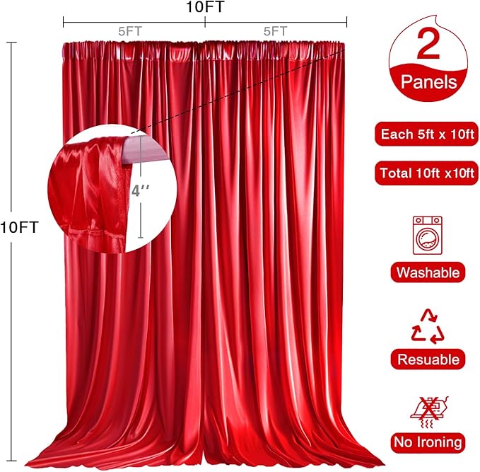 10x10ft Wrinkle Free Red Photo Curtains Backdrop Red Photo Curtains Background Wedding Backdrop for Wedding Graduation Birthday Party Photography YUNBSDJ045
