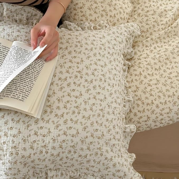 BuLuTu Camellia Floral Print Pillowcase King Muslin Cotton Pillow Case Chic Shabby Pillow Cover with Ruffles Enveloped Pillowcases, Machine Washable, 20x36 inch, 1 Piece