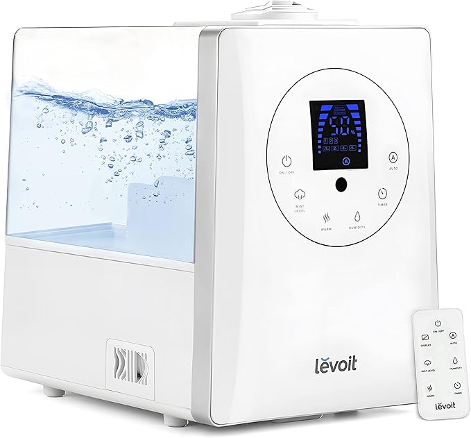LEVOIT Humidifiers for Bedroom Large Room Home, 6L Warm and Cool Mist Ultrasonic Air Vaporizer for Plants and Whole House, Built-in Humidity Sensor, Essential Oil Diffuser, Whisper Quiet, Timer, White