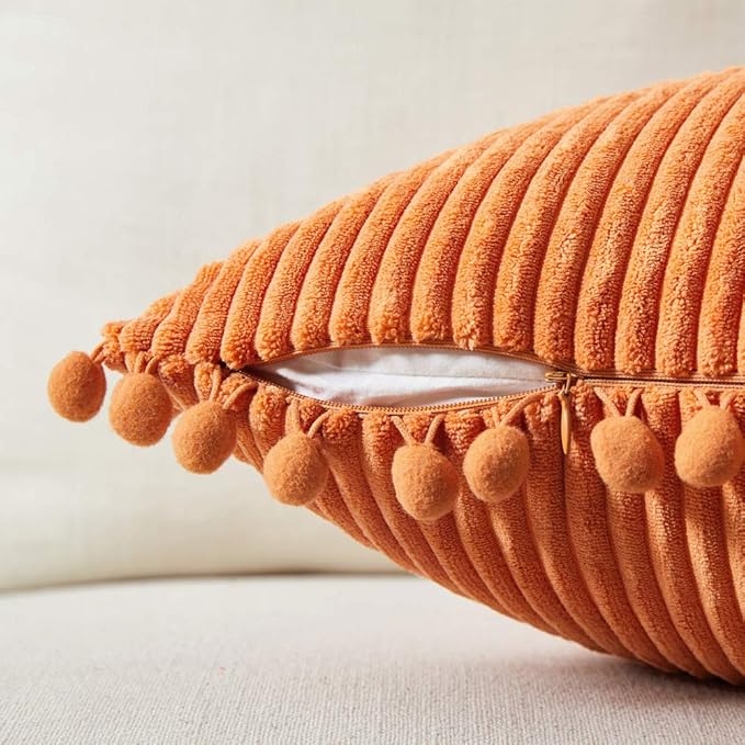 Fancy Homi Pack of 2 Corduroy Fall Decorative Throw Pillow Covers with Pom-poms, Solid Square Cushion Case Pillow Cases Set for Couch Sofa Bedroom Car Living Room (16x16 Inch/40x40 cm, Orange)