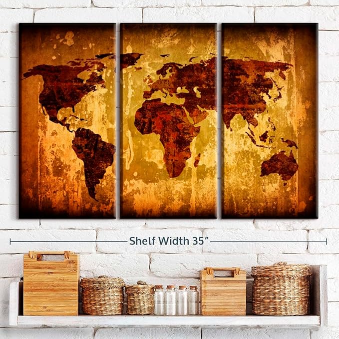 ElephantStock Vintage World Map Wall Art Multi Piece Canvas - 3 Piece Canvas World Map Wall Decor - Wall Decor - Ready-to-Hang Print - Vintage Wall Art - 33" X 20"