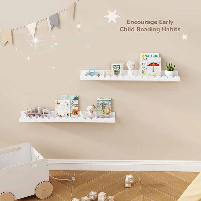 Fun Memories 32 Inch White Floating Shelf, Scalloped Picture Ledge for Nursery, Set of 2, Wall Mounted Book Shelves for Kids Room, Toddler Room