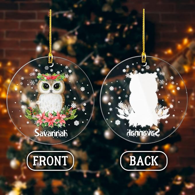wowcugi Personalized Owl Ornament Custom Name Customized Christmas Ornament Acrylic Ornaments Gifts for Girl Women Boys Kids Animal Lovers Xmas Hanging Tree Decorations