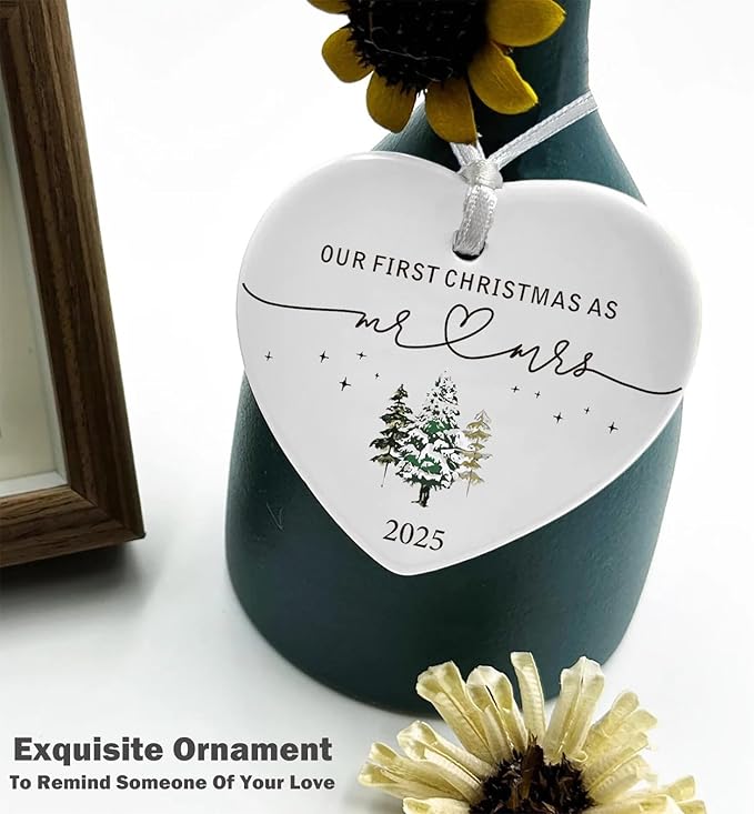 2025 for Newlywed Couples Wife Husband-Our First Christmas as Mr and Mrs-Wedding Gift,New Year Present-Ceramic Hanging Heart Shaped Ornament-Double Sided Printed