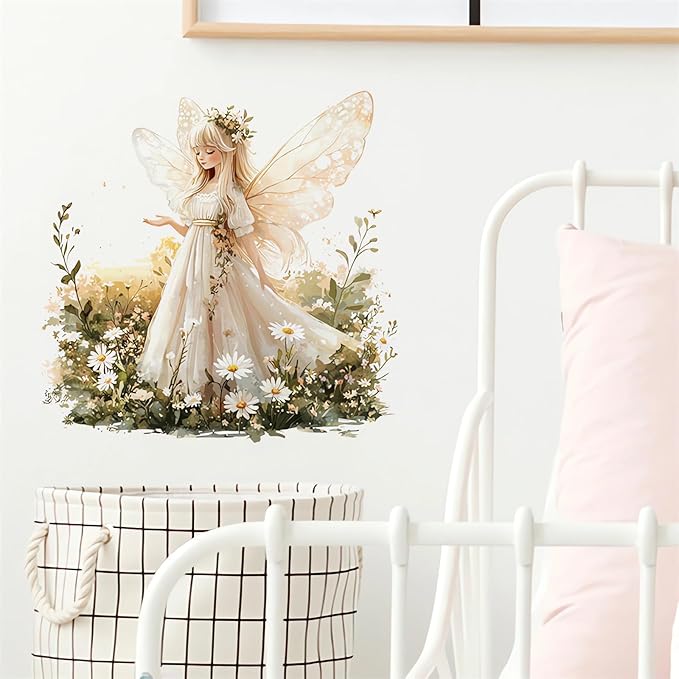 Angel Girl Butterfly Fairy Wall Stickers, Daisy Flower Girl Wall Decals Removable Vinyl Peel and Stick Kids Baby Children Nursery Bedroom Toddler Room Art Home Decorations
