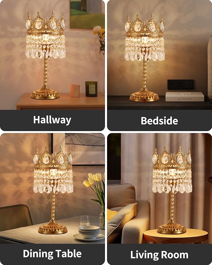 Vintage Gold Crown Shape Crystal Table Lamp for Living Room, Small Bedside Nightstand Lamp for Bedroom, Decorative Farmhouse Table Lamp Desk Lamp for Kitchen Dining Room Home Office