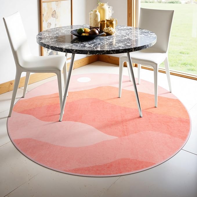 Pink Round Rugs, 4Ft Soft Nursery Rug Non Slip Washable Circle Rug, Modern Mountain Playroom Mat Sunrise Sunset Round Carpet for Kids Room Entryway Bedroom Living Room Dorm