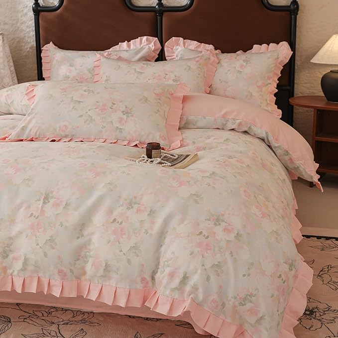 LifeTB Girls Duvet Cover Pink Ruffle Duvet Cover Twin Vintage Flower Bedding Set 100% Cotton Romantic Lace Comforter Cover Princess Bedding Botanical Flower Comforter Cover Aesthetic Lace Bedding Set