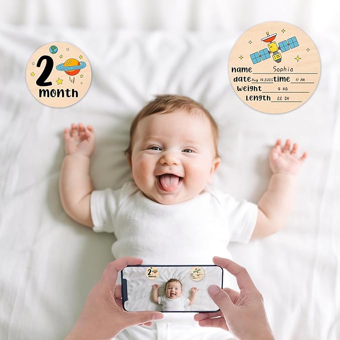 Baby Milestone Cards - Space Adventure Baby Monthly Milestone Signs, Rocket & Planet Wooden Signs Discs for Photo Props, "Hello" Newborn Announcement Sign with Astronaut,Baby Shower/Gift Set(13pcs)