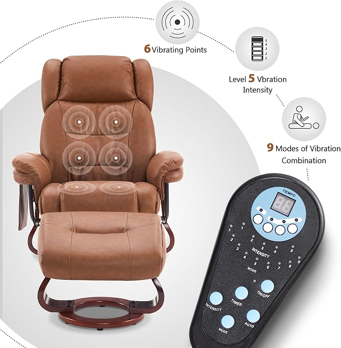 MCombo Swivel Recliner with Ottoman, Faux Leather TV Chair with Vibration Massage, Ideal for Small Space, Living Room & Bedroom 4734 (Saddle)