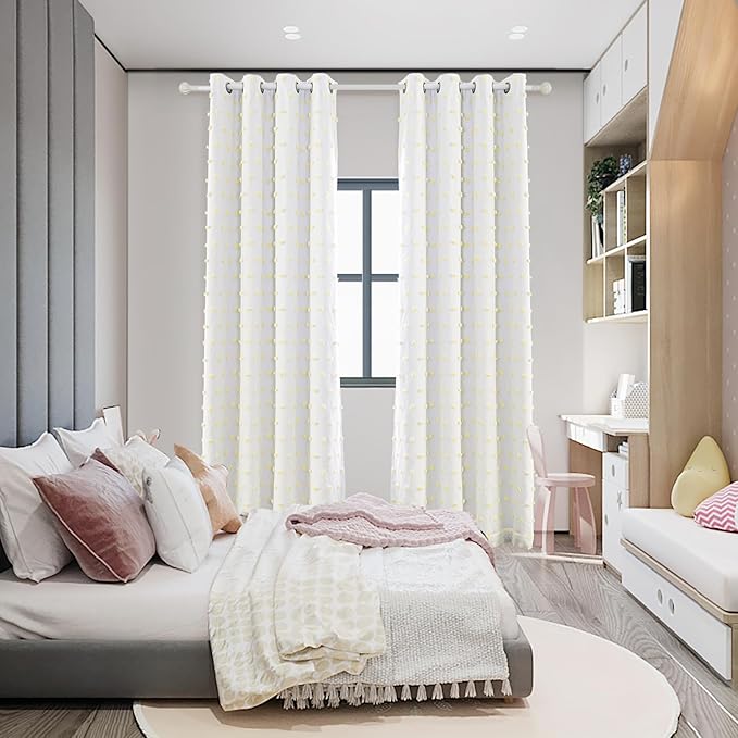 MYSKY HOME 100% Blackout Curtains for Girls Kids Bedroom Thermal Insulated 84 Inch Length Nursery Curtains 2 Panels Grommet Light Filtering Yellow Pom Pom Sheer Drapes for Dining Room, 52W x 84L