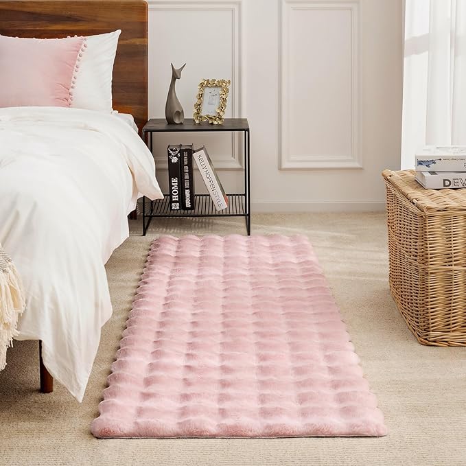 Ashler Faux Rabbit Fur Rug, Pink 3x5 FT Fluffy Soft Area Rug, Rectangle Fuzzy Carpet for Living Room, Bedroom, Machine Washable Shaggy Nursery Rug - 3D Bubble Rug