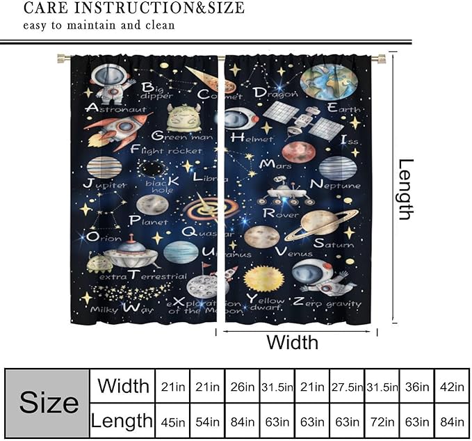 Cartoon Kids Alphabet Astronaut Curtain，Retro Cute Cosmic Galaxy Letter Printed Rod Pocket Blackout Window Treatments for Boys Girls Bedroom Living Room School 42" W X 45" L