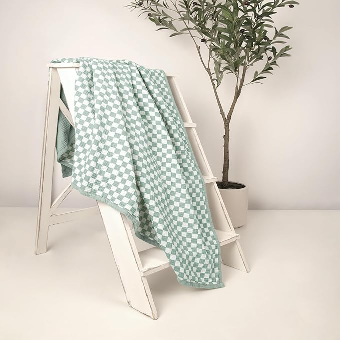 lulumoon Checkered Baby Blankets for Boys: Muslin Cotton Toddler Blanket for Daycare - Soft Lightweight for Nursery Stroller 47"× 47"（Sage Checkered）