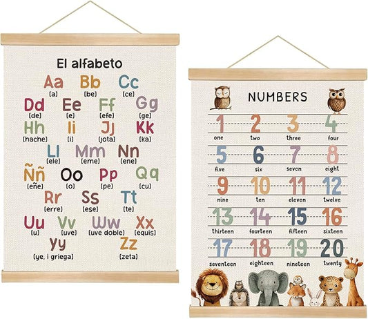 1–20 Number Chart and Alphabet Poster Set of 2,Education Linen Canvas Wall Art – 1-20 Educational Homeschool,Preschool Poster for Kids’ Room, Nursery, or Playroom Wall Decor,14x18.5 Inches (ABC&123)
