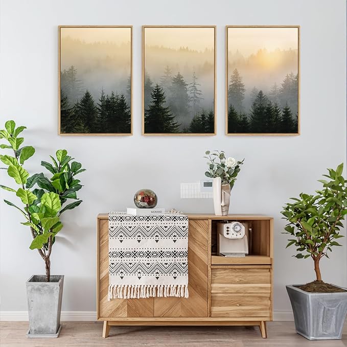 FWIEXA Misty Forest Wall Art Set Framed, Large Mountains Canvas Wall Decor, Green Nature Wall Painting, Foggy Tree Landscape Artwork 3 Panel 24x36 Inches for Living Room, Bedroom, Office, Gift