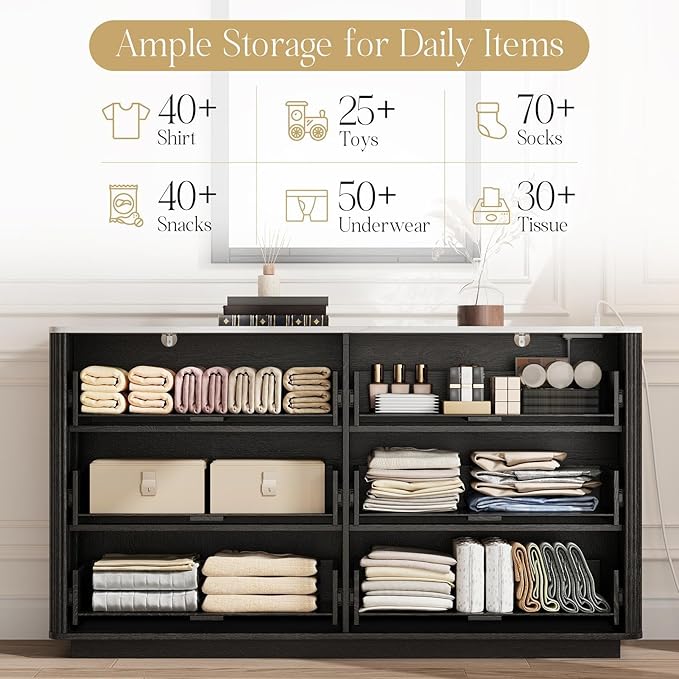 Fluted 6 Drawers Dresser with Charging Station, 55" Wide Modern Chest of Drawers with Faux Marble Top, Wooden Dresser TV Stand, Wood Drawer Organizer for Bedroom, Living Room, Hallway, Black