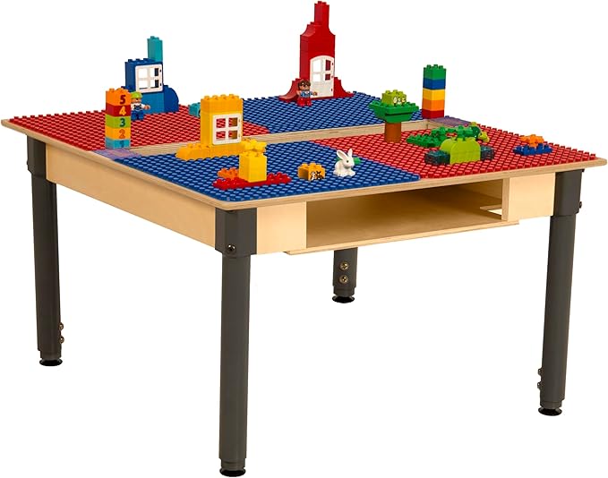 Contender Time-2-Play 35" W Square Build & Learn Compatible with Duplo Table with Trough & Shelf (with Gliders, Red & Blue, 18"-29" Adjustable Legs)