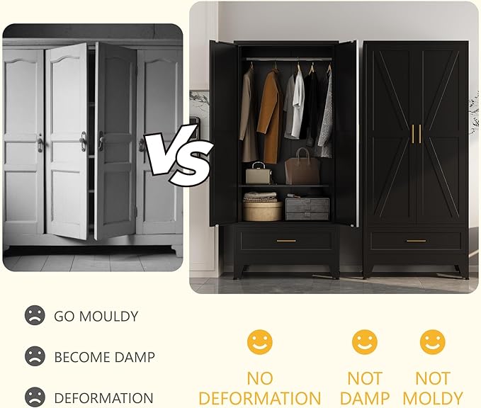 Metal Wardrobe Closet Cabinet with Drawers,71" H Large Bedroom Armoires with Shelves and Hanging Rod,Wardrobe Storage Cabinet with 2 Doors, 1 Adjustable Shelf and Drawers (1Drawer, Black)