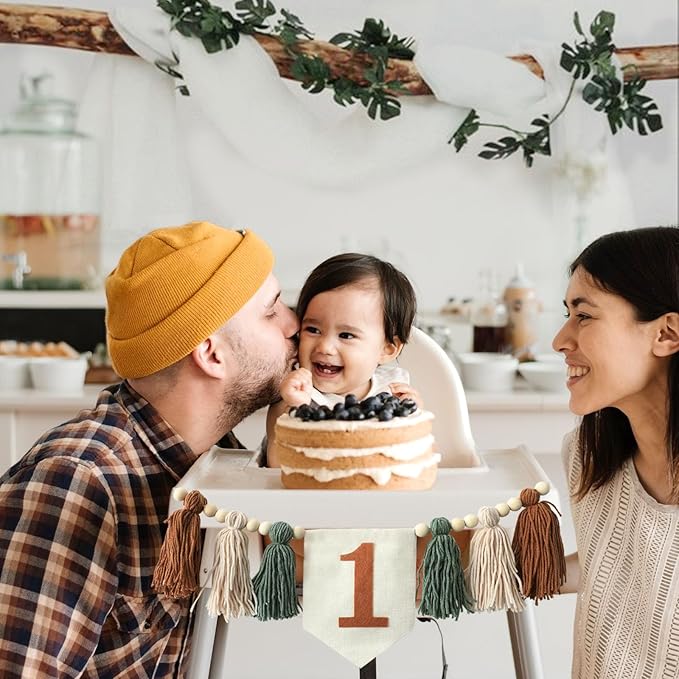 Jungle Wild One Handmade 1st Birthday High Chair Banner First Highchair Banner For Baby Boys Green Brown Wall Hangings Boho Wood Bead Tassel Garland 1 Birthday Party Decorations Photo Props