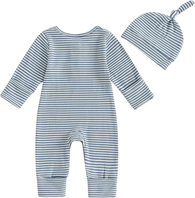 Infant Boys Fall Clothes Newborn Baby Romper Hat Stripe Knit Long Sleeve Bodysuit Jumpsuit Baby Going Home Outfit