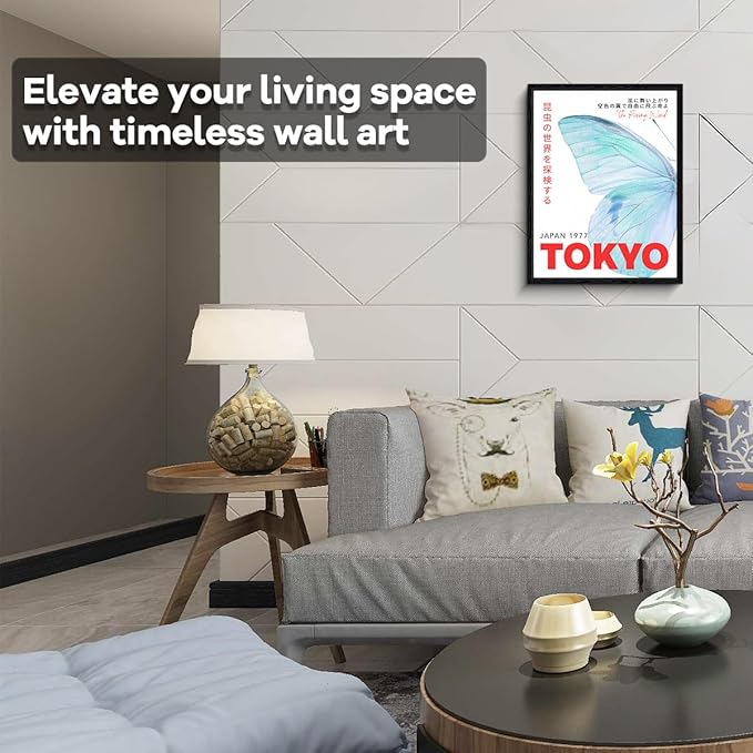 Tokyo Butterfly Wall Art, sky blue butterfly, Japanese retro wall decor, matte finish framed canvas print, Tokyo travel poster artwork, for travel lovers gift, 12x15 inch