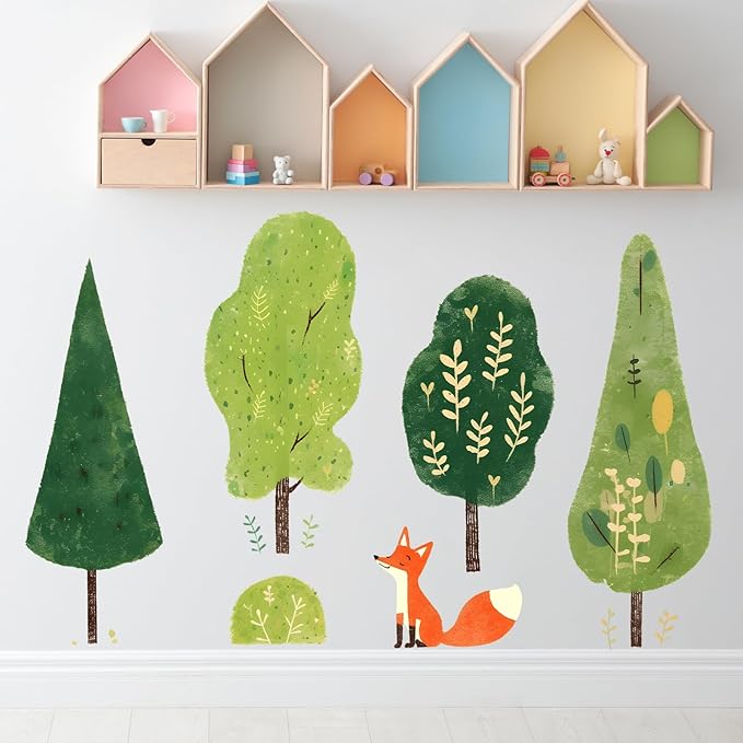 Trees and Fox Wall Decals Removable Cartoon Forest Vinyl Stickers for Nursery Living Room and Kitchen Botanical Decor Peel and Stick Wall Art