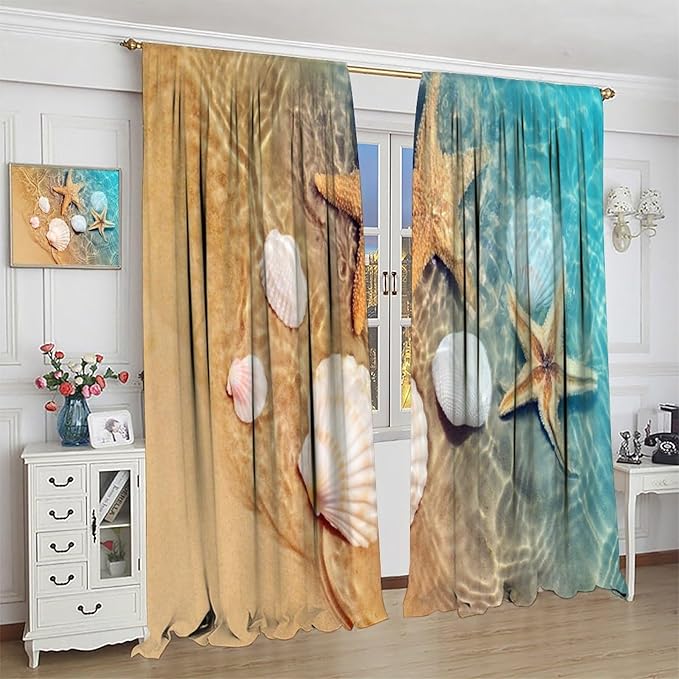 Beach Curtain for Bathroom Decor，Sea Turtle Starfish Seashell Nautical Ocean Coastal Scenery Art Printed Fabric Polyester Waterproof Set 2 Panels,52x84 Inches