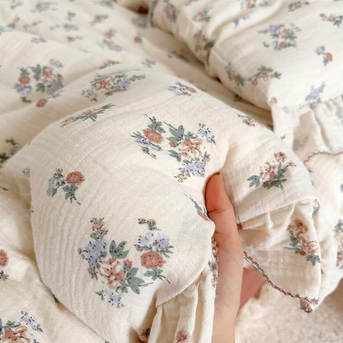AOJIM Kids Cotton Muslin Duvet Cover with Floral Patterns, 1pc Super Soft Toddler Bedding Comforter Cover 2-Layer Gauze 47X59'', Ruffled Edges Print Duvet Protector for Girls Boys, No Quilt or Pillow