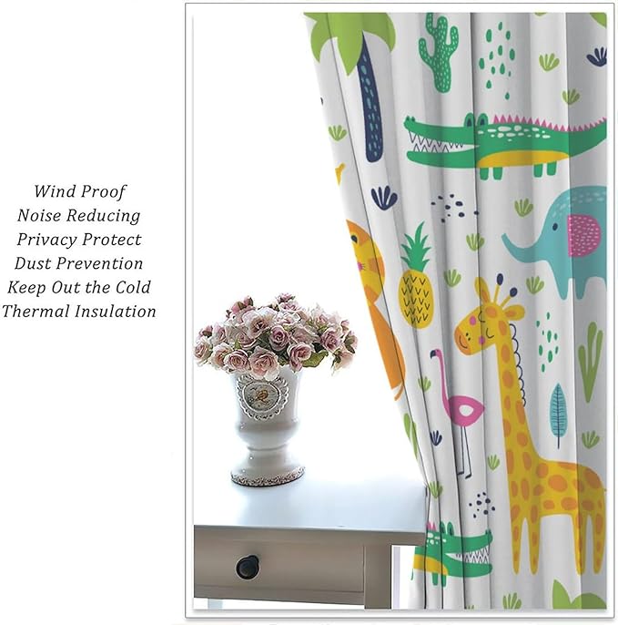 Kids Animals Blackout Curtains Cartoon Cute Abstract Fun Tropical Animals Art Printed for Children Girls Boys Bedroom Nursery Rod Pocket Decoration Window Drapes 2 Panels W31.5xL63in