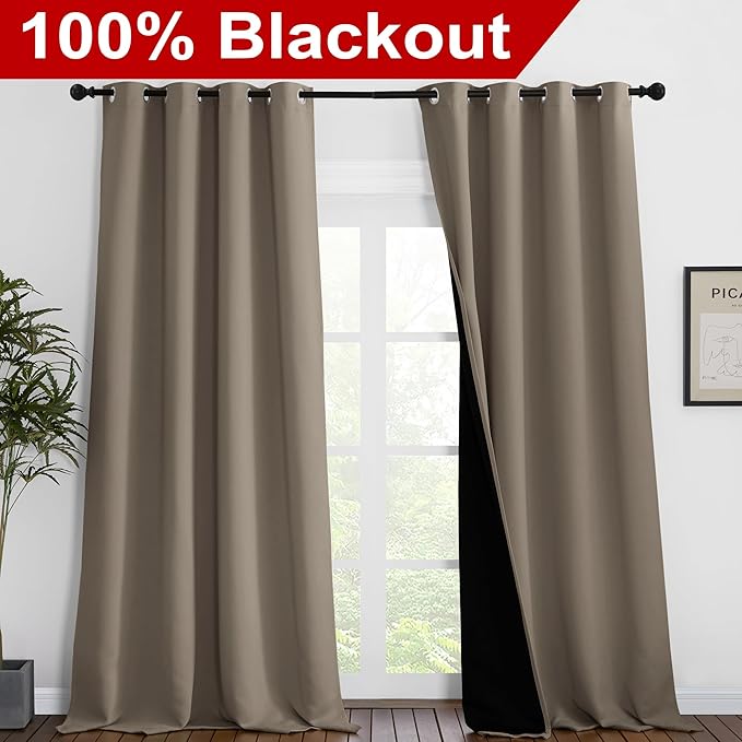 NICETOWN 100% Blackout Blinds, Set of 2, 52 inches x 102 inches, Laundry Room Decor Window Treatment Curtains for Large Patio Sliding Door, Thermal Insulated Taupe Curtains for Bedroom