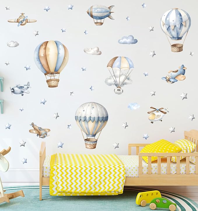 Watercolor Hot Air Balloon Wall Stickers, Hot Air Balloon Airplane Clouds Vinyl Wall Decals, Removable DIY Wall Art for Kids Bedroom Playroom Toddler Room Decor