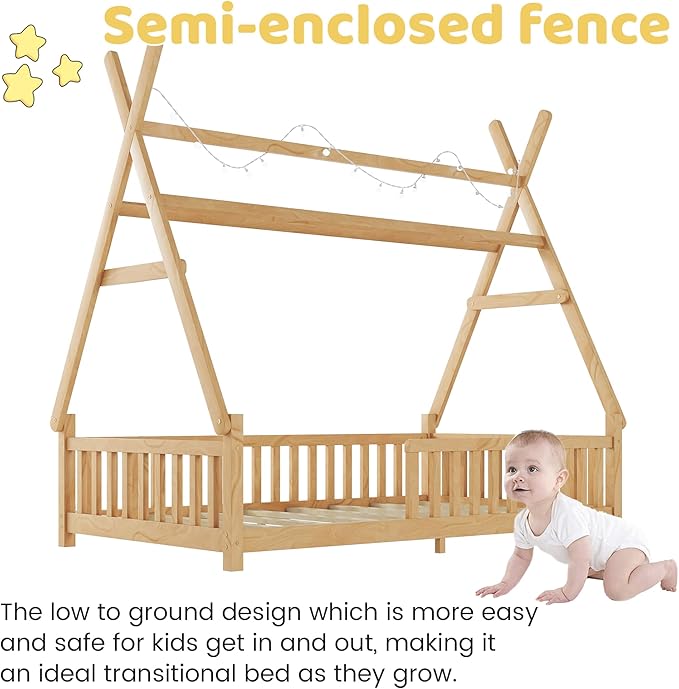 Twin House Bed with Light,Wood Twin Montessori FloorBed with Rails & Roof,Teepee Bed for Kids Boys Girls,with Slats Support,No Box Spring Needed, Natural