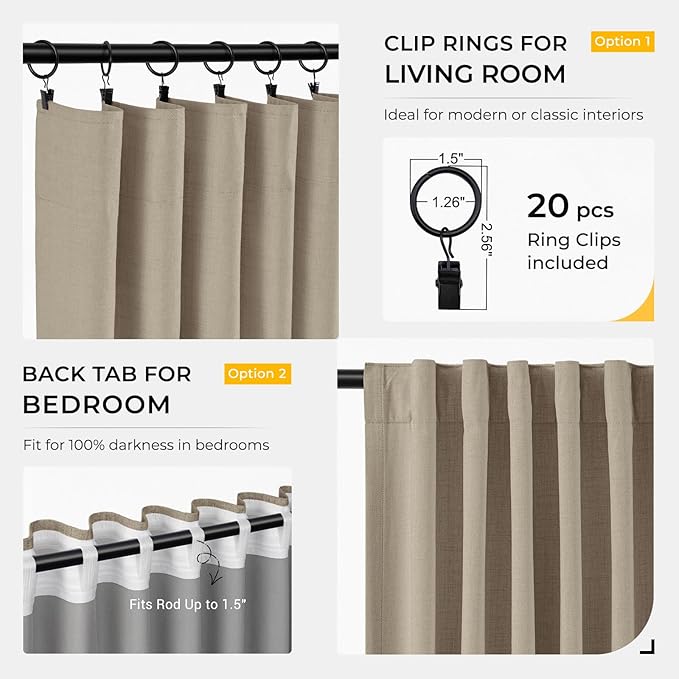 INOVADAY 100% Blackout Curtains for Bedroom, Black Out Curtains 84 Inch Long, Clip Rings Linen Blackout Drapes, Thermal Insulated Room Darkening for Living Room, 2 Panels - Earthy Beige,W50xL84