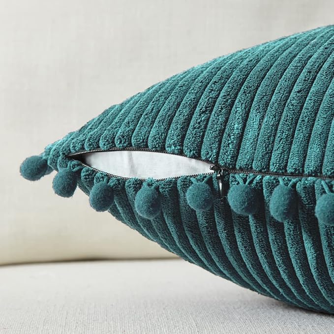 Fancy Homi Set of 2 Teal Decorative Throw Pillow Covers 12x12 Inch with Pom-poms for Couch Bed Sofa, Modern Farmhouse Boho Home Decor, Soft Plush Corduroy Cute Cushion Case 30x30 cm