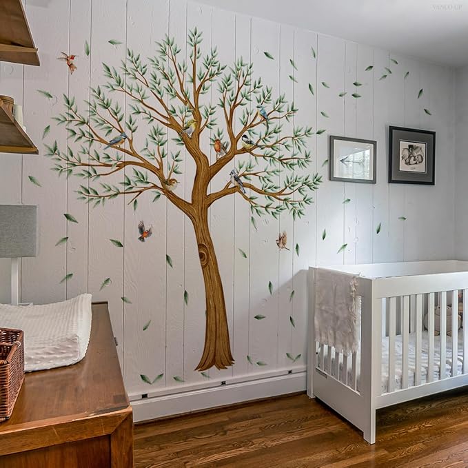 Large Tree Wall Decal with Birds, Green Leaves Tree Wall Stickers for Living Room Nursery Wall Decor 84.66x64.87 inches