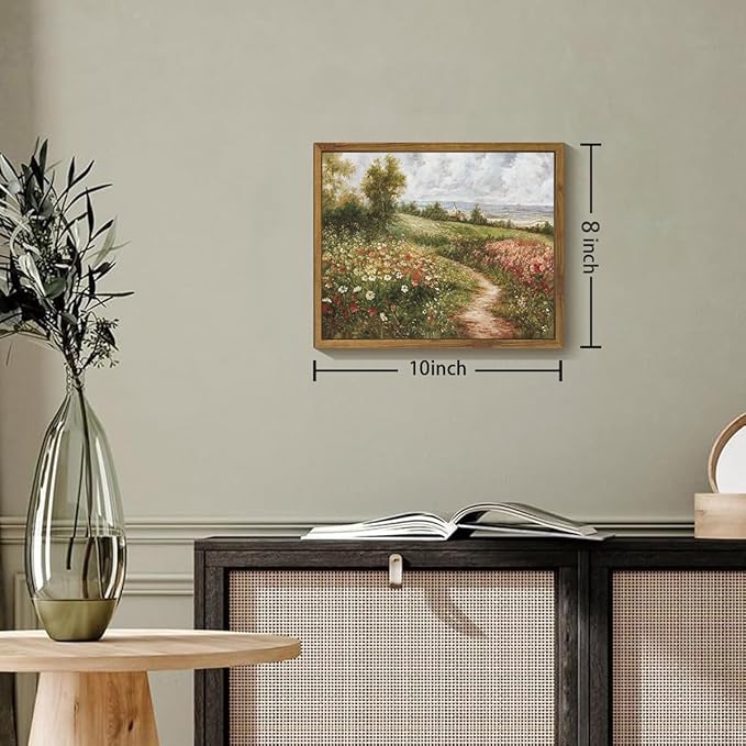 OIQArtOIQ Vintage Landscape Framed Wall Art Summer Countryside Wildflower Field Path Canvas Art Prints Farmhouse Cottagecore Pictures Wall Decor Rustic Meadow Paintings Artwork For Kitchen Bedroom