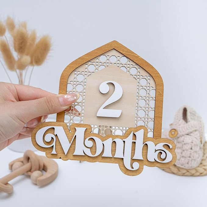 Wooden Baby Monthly Milestone Set with Patterned House Frame, 3D Layered Numbers and Months Sign, Natural Wood Newborn Photo Prop for Baby Monthly Pictures