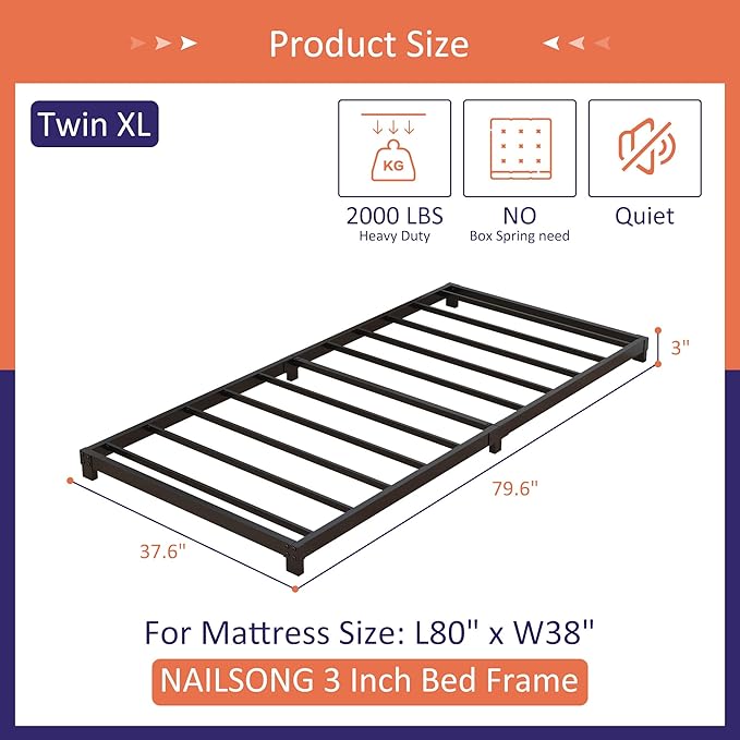 3 Inch Twin XL Bed Frames Low Profile, XL Twin Bed Frame No Box Spring Needed, Heavy Duty Metal, Easy Assembly, Black