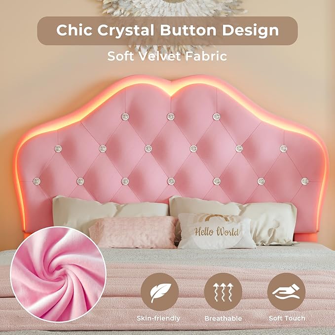 BTHFST Twin Size Upholstered Bed Frame with LED Lights, Princess Platform Bed for Girls, Adjustable Headboard with Crystal Button, Solid Wood Slats Support, No Box Spring Needed, Pink