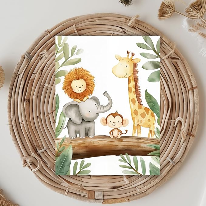 5x7 Safari Animal Friends Watercolor Print, Jungle Animals Kids Room Art, Neutral Safari Nursery Decor, UNFRAMED