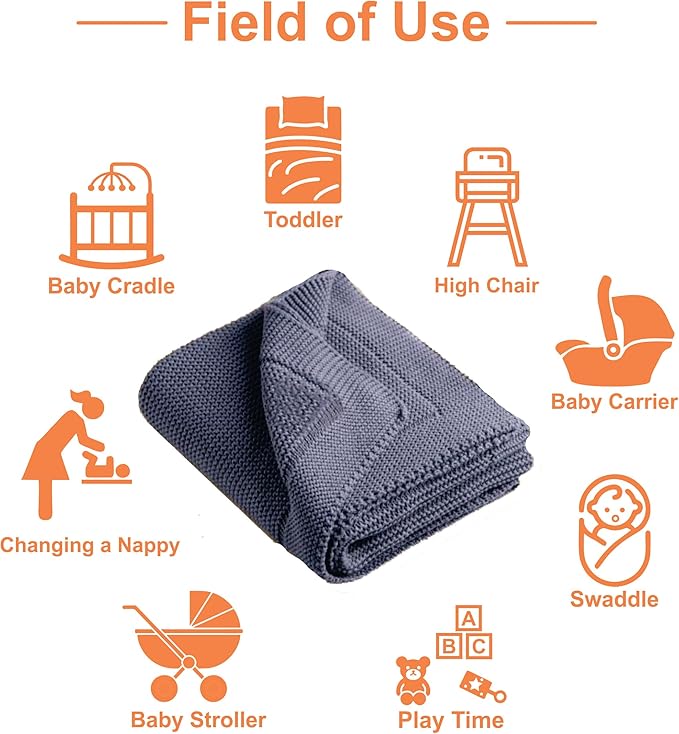 Personalized Baby Blanket with Name - Customized Baby Blanket for Boys & Girls - Embroidered Baby Name Blanket - Monogrammed Newborn Gift - 100% GOTS Certified Organic Cotton (Grey Blue)