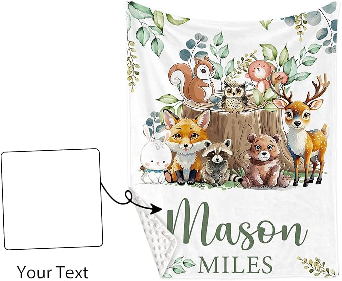 Personalized Crib Bedding Set for Boys Girls, Custom Baby Crib Sets with Name, Animal Stump Design Nursery Bedding 2 Piece - Soft Blanket with Double Layer Dotted Backing, Crib Fitted Sheet