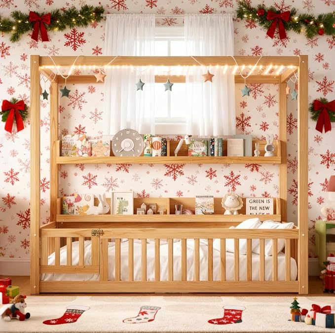 Bellemave Twin Size Canopy Bed with Guardrails and Door, Wood Floor Bed with Shelves for Toddlers, Built in 4 Poster Design,Montessori Bed for Kids,Boys,Girls,Easy Assemble（Twin,Natural）